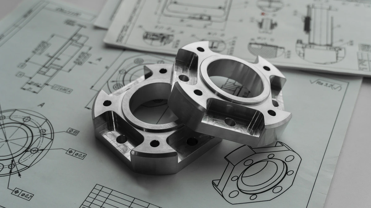 Metal components alongside engineering drawings